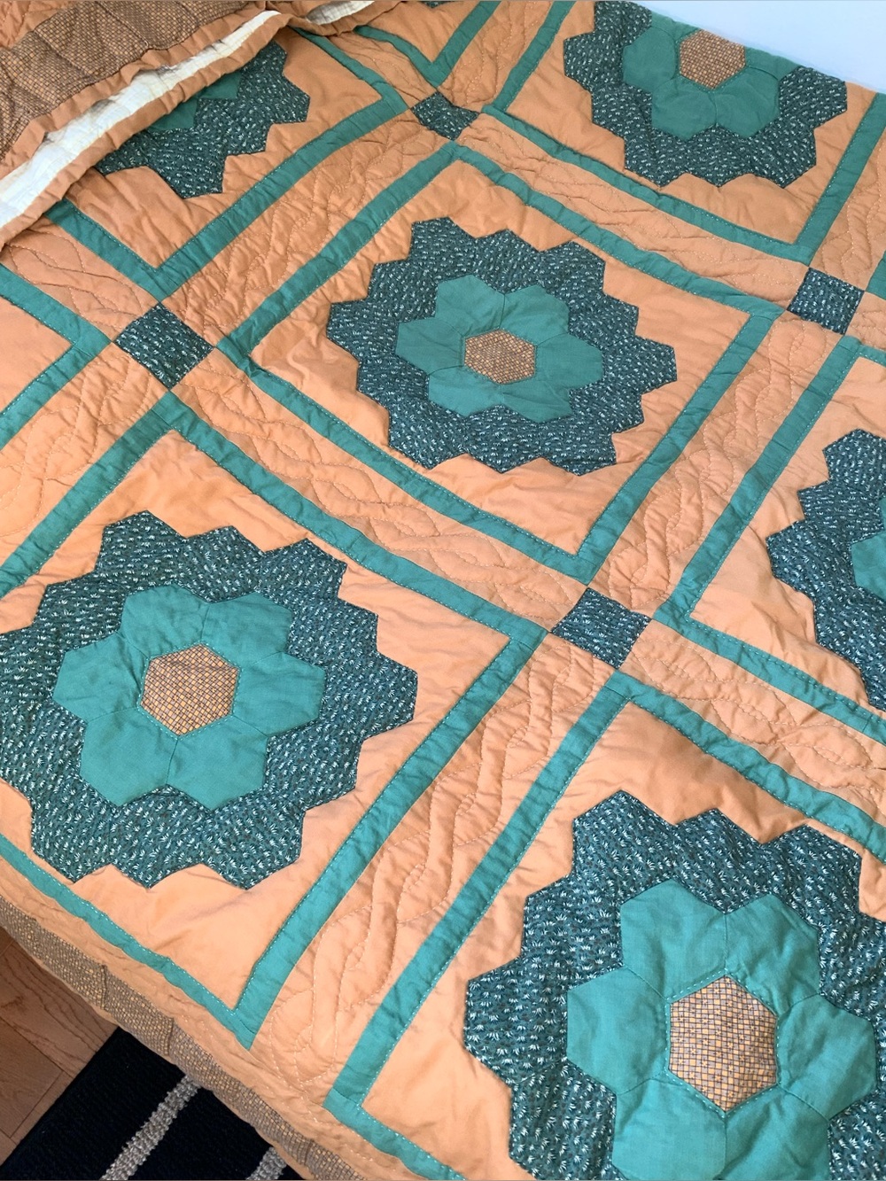 vintage handmade quilt king sized with two shams orange teal blue green 1997